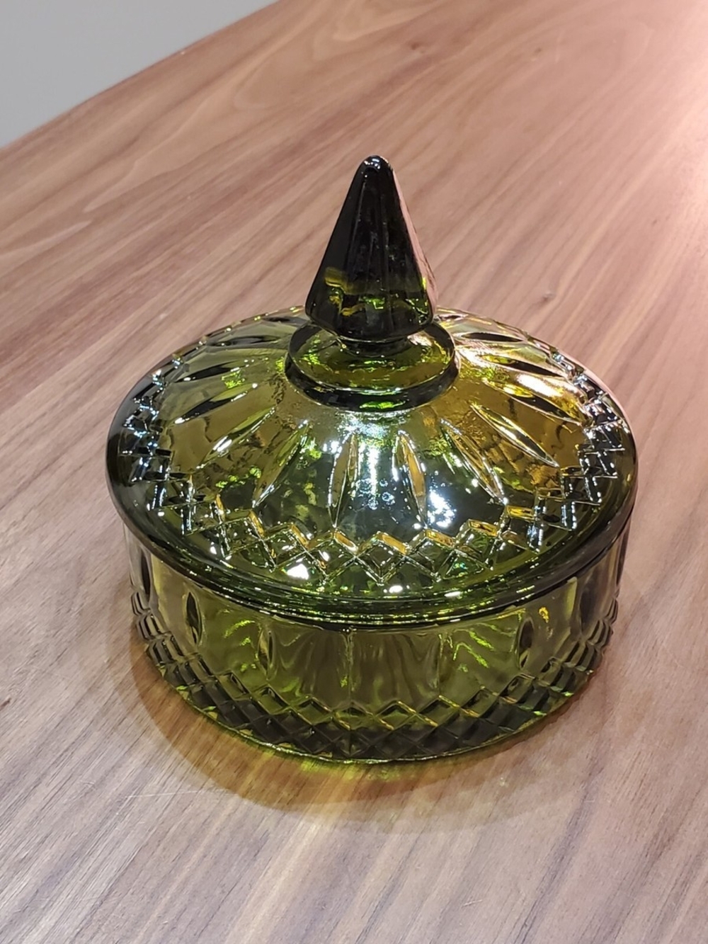 Green Pressed Glass Lidded Candy Dish